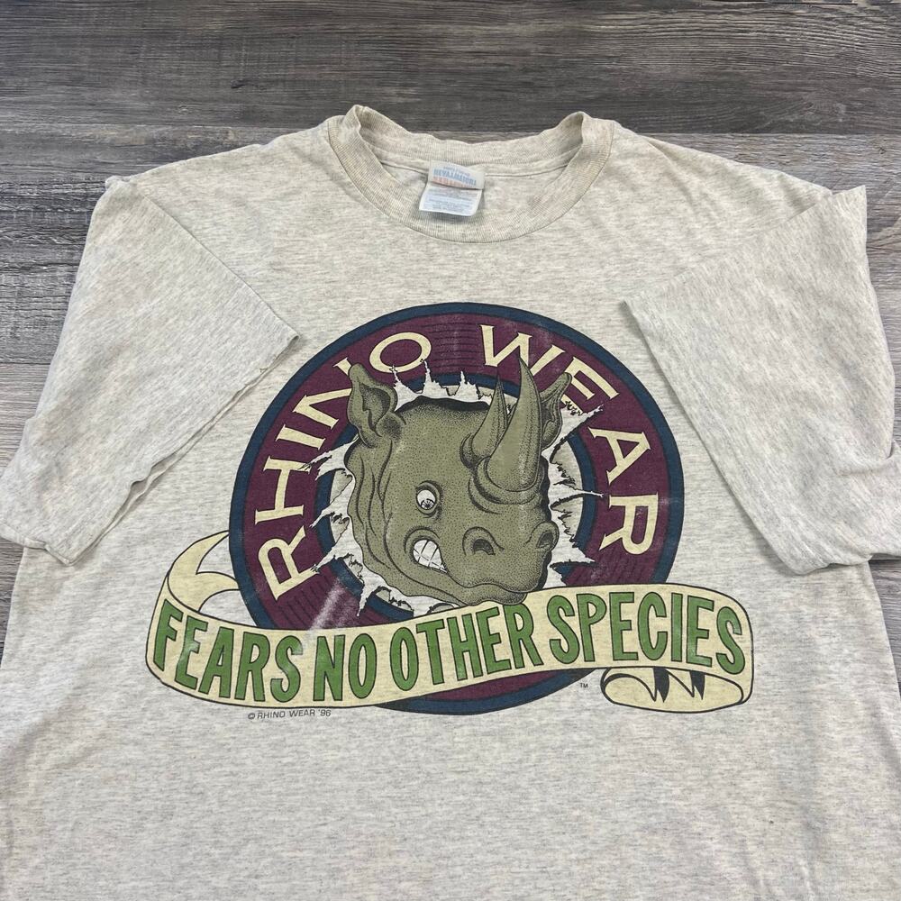 Vintage 90s Hanes Rhino Wear Gray Mens L Fear No Other Species T-Shirt Retro
